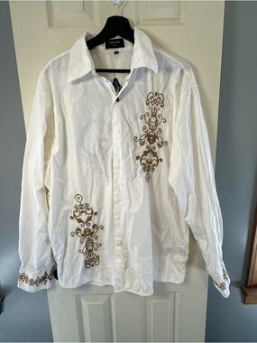 White Embroidered Button-Up Shirt with Gold Scrollwork